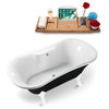 68" Black Clawfoot Tub and Tray, White Feet, Chrome External Drain