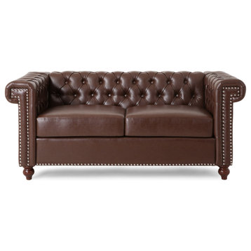 Timber Contemporary Button Tufted Loveseat with Nailhead Trim, Dark Brown and Es