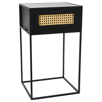 Metal/Mango Wood End Table/Nightstand With Woven Cane Drawer, Black Mango Wood