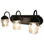The Lamp Goods - Bathroom Vanity Bar Trio Light Fixture of Pint Mason Jars, Antique Black - The beautiful glow of the light through a trio of vintage clear pint canning jar from days gone by is wonderful. This sconce is so fun with its original bail wires and the raised designs. Each jar carries its own history and can vary in 'age' marks, brand, graphics and more.