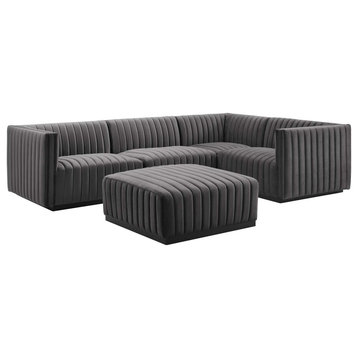 Conjure Channel Tufted Performance Velvet 5-Piece Sectional, Black Gray