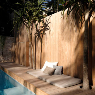 Foto di una grande piscina monocorsia contemporanea rettangolare dietro casa con paesaggistica bordo piscina e pedane