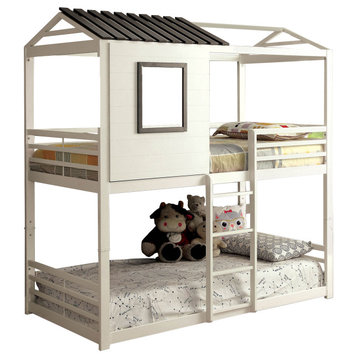 Benzara BM207360 Twin Over Twin Stackable Metal Bunk Bed with Ladder, White/Gray