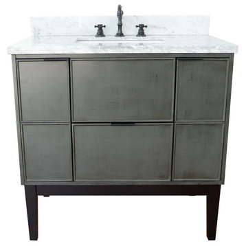 37" Single Vanity, Linen Gray Finish With White Carrara Top And Rectangle Sink