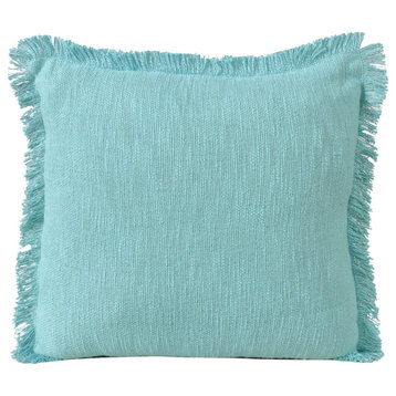 Unique Neutral Solid Cotton Throw Pillow with Fringe, Light Blue, 20" X 20"