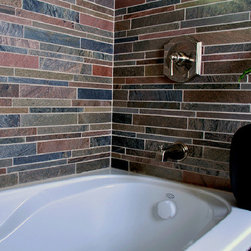 Island Stone copper quartzitic slate bathroom with linear interlock - Tile