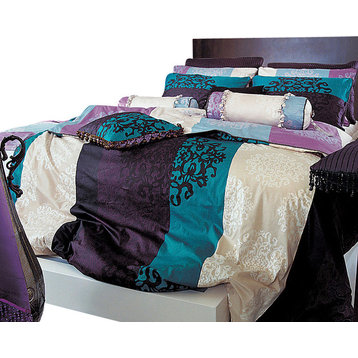 820Tc Turquoise, Purple And Black Damask Sheet Set, Full