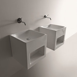 WS Bath Collections Cento 3538 Cube Shaped Wall Hung or Counter Top Ceramic Sink - Bathroom Sinks