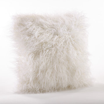 Poly Filled Mongolian Faux Fur Throw Pillow, 22"x22", Ivory