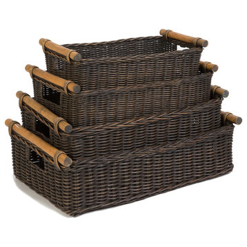 Low Pole Handle Wicker Storage Basket, Antique Walnut Brown, Medium