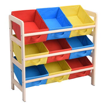 Wood Frame Toy Organizer With 9 Removable Bins for Playroom