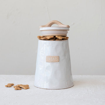 Stoneware Pet Treat Canister with Lid and "Treats" Message, White