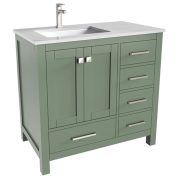 36" Vanity With White Quartz Top Left Side Sink, No Backsplash, Green