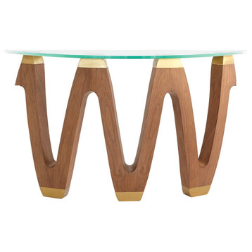 Contemporary Wood Zig Zag Wave Console Table Demilune Walnut Gold Open Round