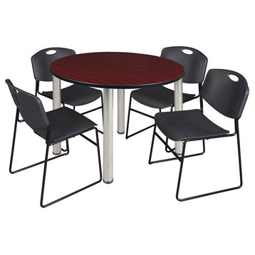 Kee 48" Round Breakroom Table, Mahogany/ Chrome and 4 Zeng Stack Chairs, Black