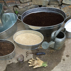 Petit Potager- Using tubs to measure ingredients for soil mix - Outdoor Pots And Planters