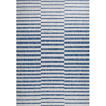 Sukie Modern Offset Stripe Indoor/Outdoor Area Rug, Ivory and Blue, 4x6
