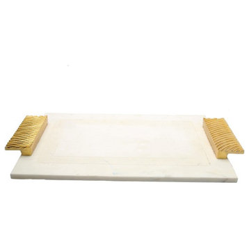 White Marble Challah Tray with Embossed Gold Handles
