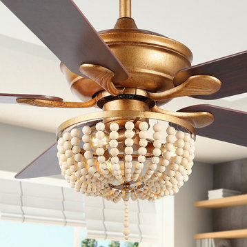 Erin 52" 3-Light Iron/Wood Bead Mobile-App/Remote-Controlled LED Ceiling Fan, Antique Gold Painting/Light Brown
