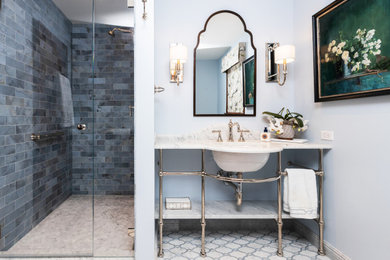 Mid-sized elegant 3/4 blue tile and marble tile marble floor, blue floor and single-sink alcove shower photo in Seattle with a bidet, blue walls, an undermount sink, marble countertops, white countertops and a freestanding vanity
