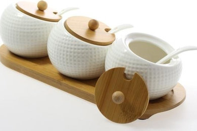 JustNile Ceramic Spice Jar Set - 3 Pieces Ball White with Wood Base Lids