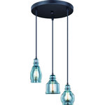 Vaxcel - Millie 3-Light Assorted Mini Pendants with 12" Canopy Oil Rubbed Bronze - Industrial meets old world country charm, clearly exemplifies this collection called Mille. Beautiful smoke blue glass in three intriguing shapes add a refreshing touch to the simple oil rubbed bronze finish. The design blends well with transitional, farmhouse, cottage, and loft interiors. Combine that with a vintage Edison style filament bulb to complete the look. Ample cord allows for individual adjustment of each pendant.