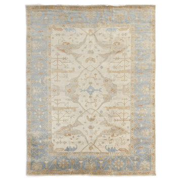 Antique Weave Oushak Hand-Knotted New Zealand Wool Ivory/Blue Area Rug, 8'x10'