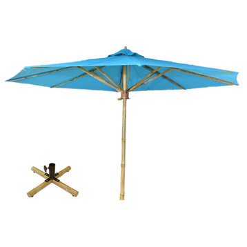 7 Foot Bamboo Umbrella With Pottery Polyester Canvas, Aqua Blue