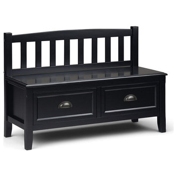 Armless Storage Bench, Slatted Back and 2 Drawers With Cup Pulls, Black