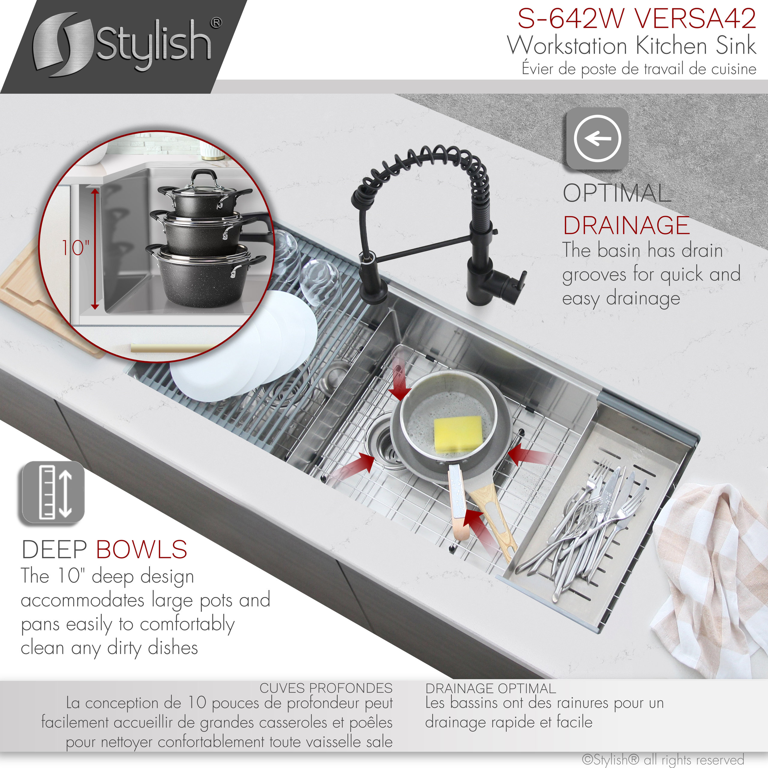 STYLISH 42"x19 W" Undermount 70/30 Double Bowl 16G Workstation Kitchen Sink