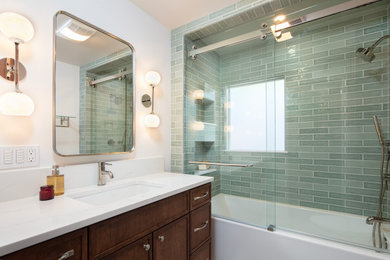 Mid-sized transitional master green tile and subway tile single-sink bathroom photo in Seattle with recessed-panel cabinets, dark wood cabinets, beige walls, an undermount sink, quartz countertops, white countertops and a built-in vanity