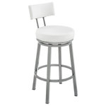 Armen Living - Dalza Swivel Counter or Bar Stool in Cloud Finish with White Faux Leather, 30 - Embrace the modern and functional appeal of the Dalza Swivel Counter or Bar stool in Faux Leather and Metal by Armen Living. The bar stool features a padded and streamlined back, resting upon 4-sturdy legs to serve as modern and comfy addition to your home. Its generously padded back and seat are topped with nearly tailored faux leather upholstery. Faux leather does not crack or fade easily; it is stain-resistant and UV resistant to serve you for years to come. Compliment any bar, high dining area, or adjustable desk with the elegance and charm of our metal bar stool. Crafted with quality and comfort in mind, the barstool can be used anywhere from the kitchen and living area to your workspace. A wonderful full 360-degree swivel function allows for maximum mobility. The smooth glide swivel function allows you to change directions with ease to become your new favorite seat. The Dalza counter or bar height stool is available in 26 inch or 30 inch seat height and comes in a black finish with grey faux leather upholstery, a mocha finish in brown faux leather upholstery, or a cloud finish with white faux leather upholstery.