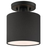 Livex Lighting - Black Modern, Urban, Versatile, Retro, Scandinavian Semi Flush - The Bainbridge collection is both modern and versatile. The hand-crafted black fabric hardback shade is set off by the silky white fabric on the inside setting a pleasant mood. The petite size single-light drum shade adds character to this handsomely styled semi flush.  Perfect fit for the hallway, bathroom, kitchen and a walk-in closet. This sleek design is shown in a black finish.