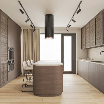 Japandi open plan living space with kitchen