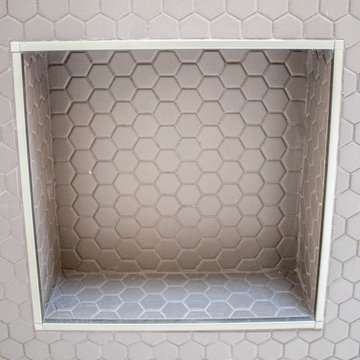 Luxurious White Bathroom with Barrier Free Shower, Make-up area and Storage