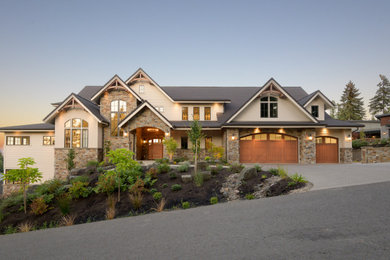 Transitional beige three-story mixed siding house exterior photo in Other with a shingle roof and a black roof