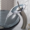 Glass Waterfall Vessel Bathroom Faucet Satin Nickel w Drain, Frost Black Glass