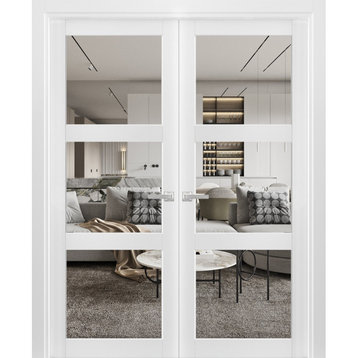 Interior Solid French Double Doors Clear Glass 3 Lites, Lucia 2555 Matte White, 60" X 80"