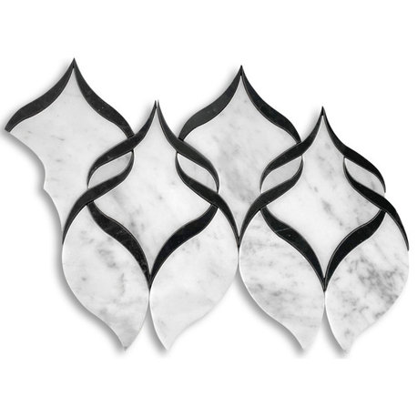 Carrara White Marble Helix Ribbon Waterjet Mosaic Tile Marquina Black, 1 sheet