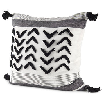 Kimia 20x20 White & Black Herringbone With Fringed Decorative Pillow Cover