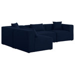 Meridian Furniture - Cube Upholstered Modular Sectional, Navy, 4-Piece: 2 Armless Chair, 2 Corner Chair, Linen Texured Fabric - Mix and match the pieces in this Cube modular section to personalize its fit for your space. This modular unit features soft navy linen textured upholstery that's not only beautiful to behold but is easy to care for an maintain. Attachment latches beneath each piece of this sectional make it a simple feat to put the pieces together to meet your specific preferences. Choose other items from the Cube lineup to expand the sectional as desired.