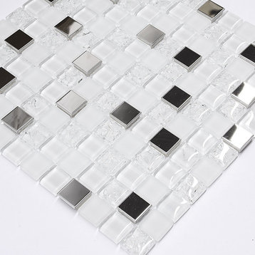 Modern White Glass Metal Mosaic Backsplash Tile, 12"x12"