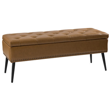 Upholstered Storage Bench,Accent Bench With PU Leather, Camel