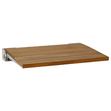 SlimLine Natural Teak Wood Folding Shower Bench Seat, Silver Frame