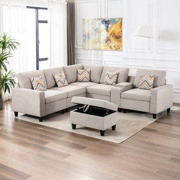 Nolan 106" Linen 7Pc Reversible Sectional Sofa with Interchangeable Legs, Pillow