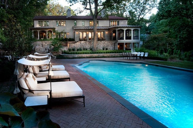 Huge arts and crafts backyard brick and custom-shaped natural pool photo in DC Metro