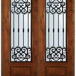 Pre-hung Double Door 96 Wood Alder Barcelona 3/4 Lite Wrought Iron - Front Doors