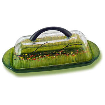 Hand Painted Glass Butter Dish, Lime