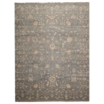 9'x12' Hand Knotted Wool Oriental Area Rug, Mossy Gray, Beige Color