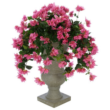 Faux Bougainvillea in Gray-Washed Roman Urn Planter, Orchid Pink